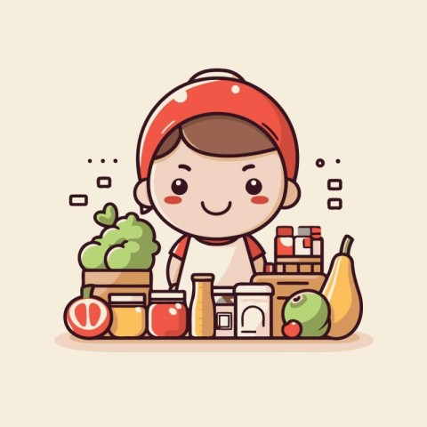 Cute boy with healthy food. Vector illustration in cartoon style