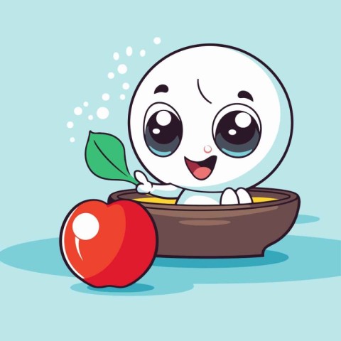 Cute cartoon apple character with a bowl of apples. Vector illus