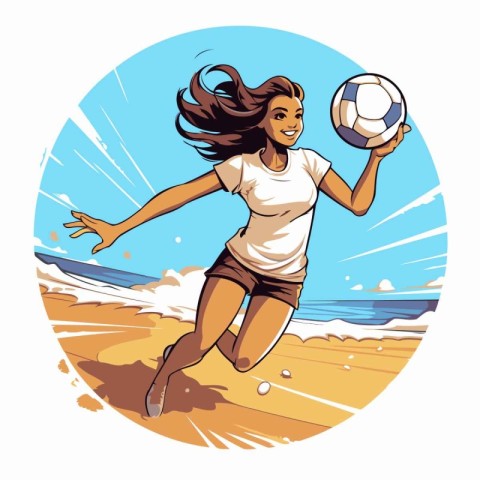 Girl playing soccer on the beach. Vector illustration in cartoon