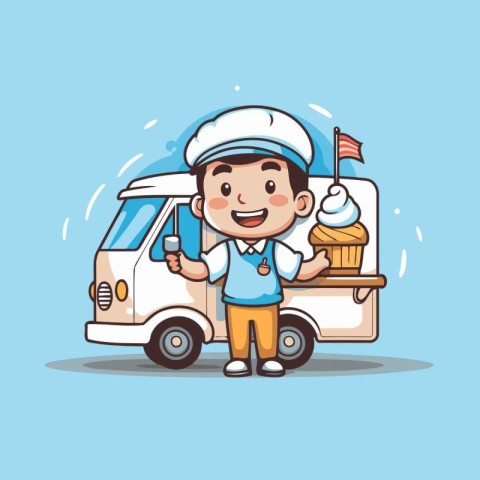 Cute cartoon ice cream truck driver with ice cream truck. Vector