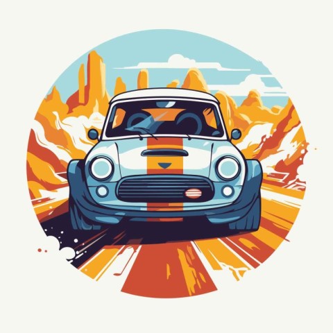 Vintage sports car on the road. Vector illustration in retro sty