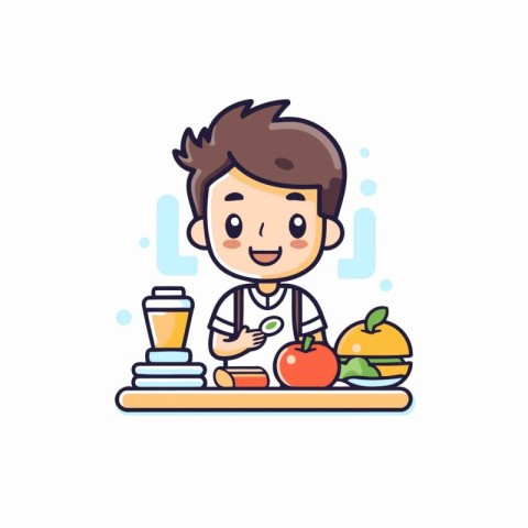 Boy cooking healthy food at home. Vector illustration in cartoon