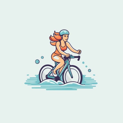 Vector illustration of a girl riding a bicycle on the water. Hea