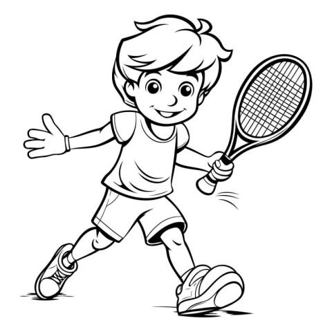 Black and White Cartoon Illustration of Kid Playing Tennis Color