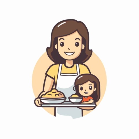 Mother and daughter cooking together. vector illustration in fla