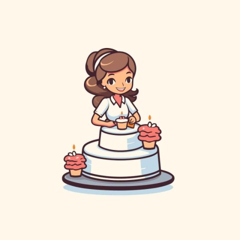 Cute little girl with cake and cupcake. Vector illustration.