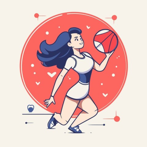 Young woman playing basketball. Vector illustration in flat styl