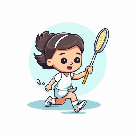 Cute little girl playing badminton. Vector cartoon illustration.