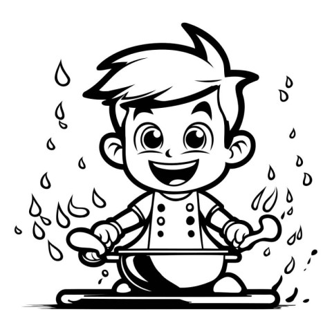 Cute Little Boy Cooking - Black and White Cartoon Illustration.