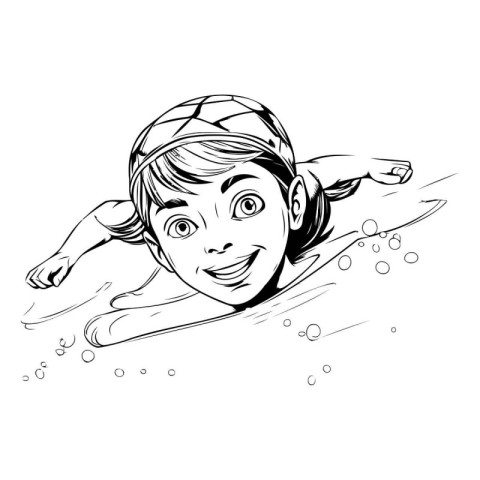 Beautiful girl swimming in the pool. black and white vector illu