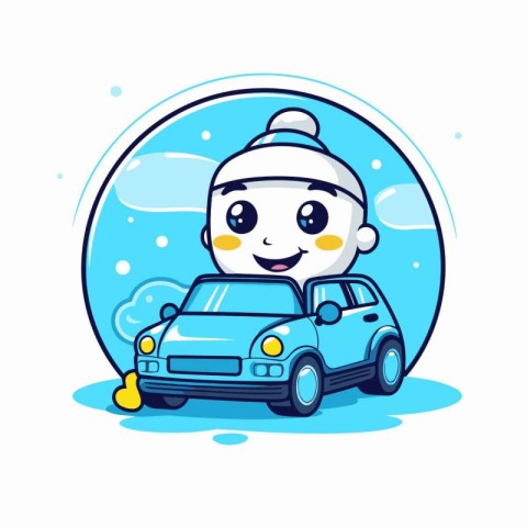 Cute cartoon robot driving a car in the snow. Vector illustratio