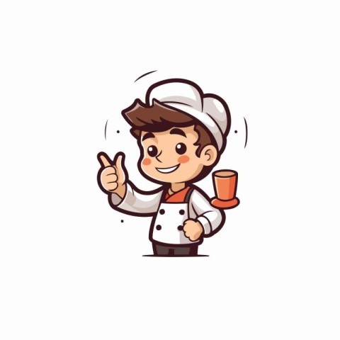 Chef holding a cup of coffee and showing ok sign. Vector illustr