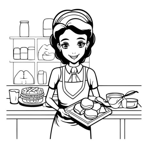 Woman cooking cartoon in the kitchen black and white vector illu