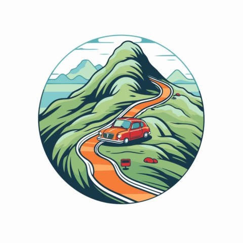 Retro styled illustration of a car driving on a mountain road vi