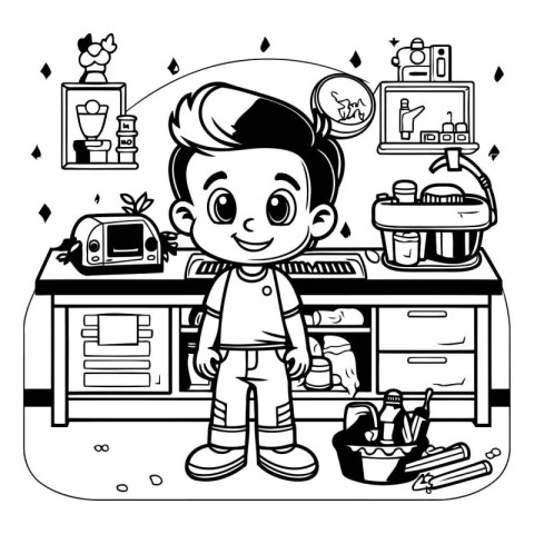 Black and White Cartoon Illustration of a Kid Boy in the Kitchen