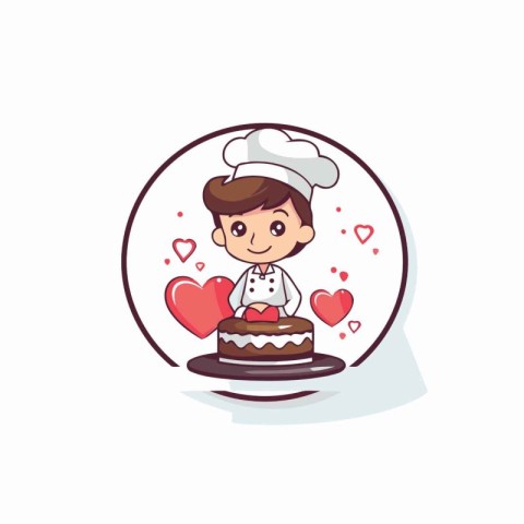 Cute chef boy cartoon with cake and hearts. Vector illustration.