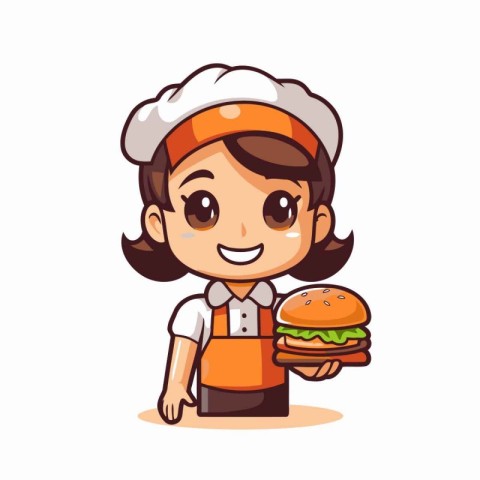Cute little chef girl holding hamburger. vector cartoon illustra