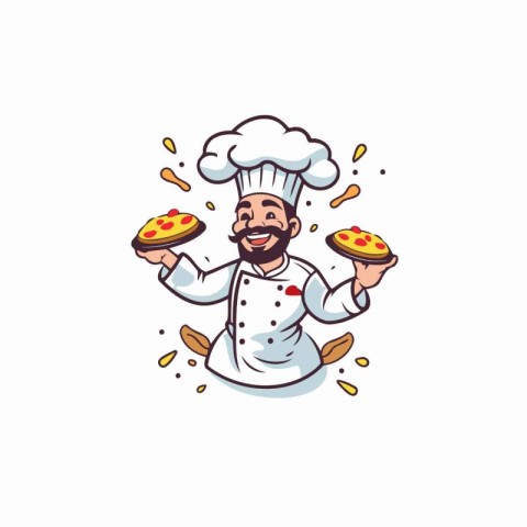 Chef with pizza. Vector illustration in cartoon style on white b