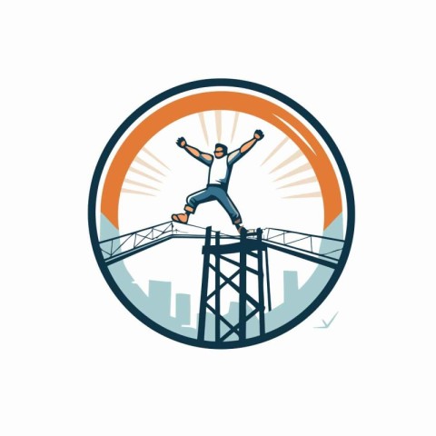 Circle icon with skydiver jumping over the bridge. Vector illust