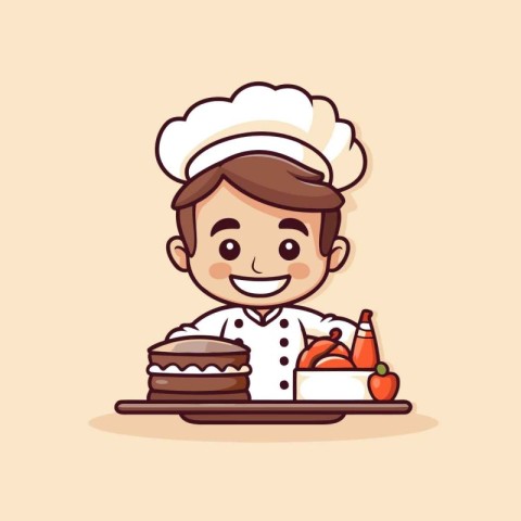 Cute chef boy with cake. Cute cartoon vector illustration.