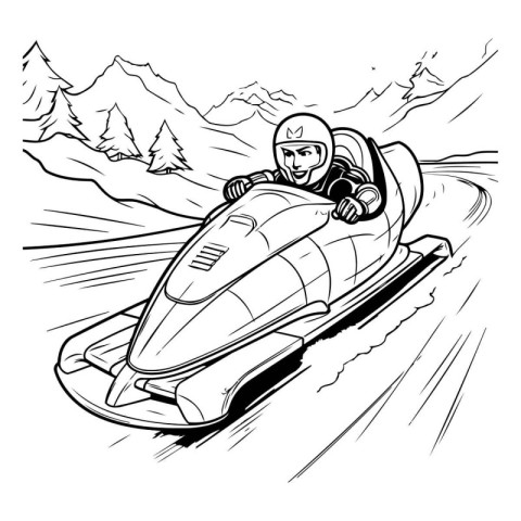 Snowmobiling - Black and White Cartoon Illustration of a Man Rid