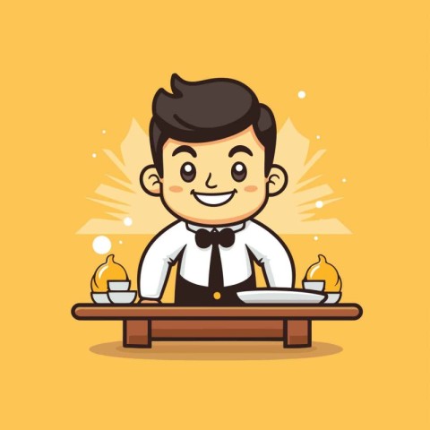 Waiter - Cute Cartoon Mascot Character Vector Illustration