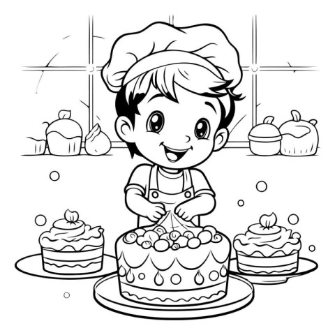 Black and White Cartoon Illustration of Cute Little Boy Chef Dec