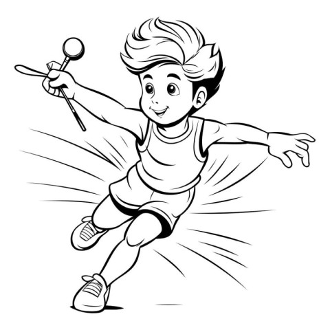 Boy playing badminton. Black and white vector illustration for c