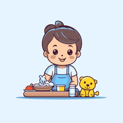 Cute little girl washing dishes. Vector illustration in cartoon