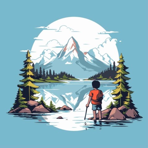 Hike in the mountains. Vector illustration of a man with a backp