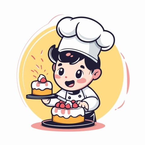 Cute chef boy with cake. Vector illustration in cartoon style.