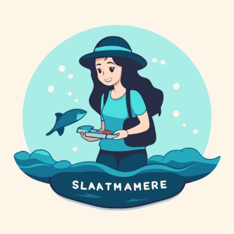 Vector illustration of a girl in a hat with a fish in her hands.