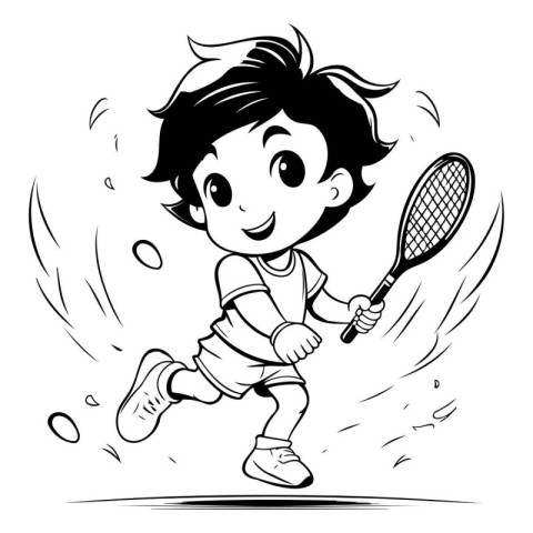 Boy playing badminton - Black and White Cartoon Illustration. Ve