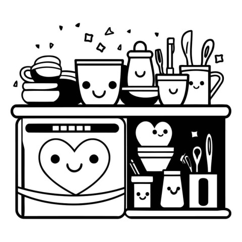 Dishwasher and kitchen with food. Black and white vector illustr