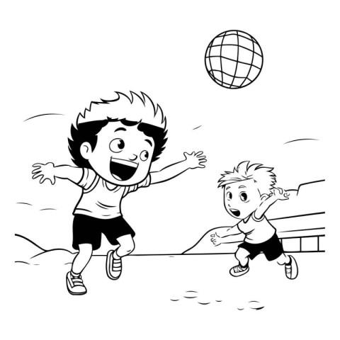 Boy playing soccer with father. black and white vector cartoon i