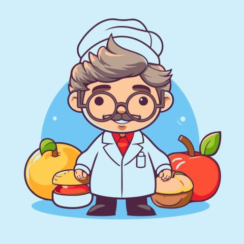 Cartoon scientist with fruits and vegetables. Vector illustratio