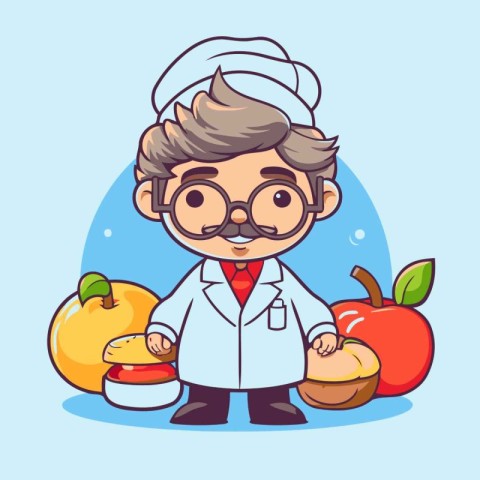 Cartoon scientist with fruits and vegetables. Vector illustratio
