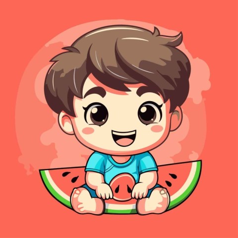 Cute little boy with watermelon. Vector illustration of a cartoo