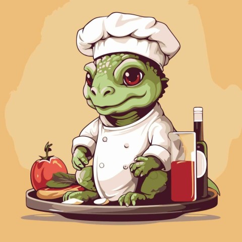 Funny crocodile chef with vegetables and sauce. Vector illustrat