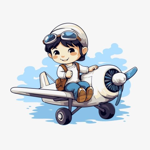 Cute boy pilot with airplane. Vector cartoon illustration isolat