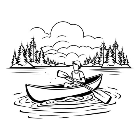 Kayak on the lake. Black and white vector illustration of a man