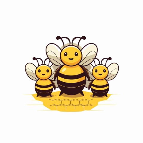 Honey bee family. Cute cartoon character. Vector illustration.