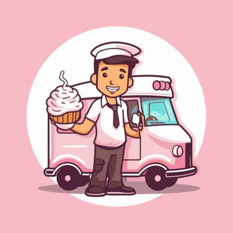 Cute cartoon chef in uniform with ice cream truck. Vector illust