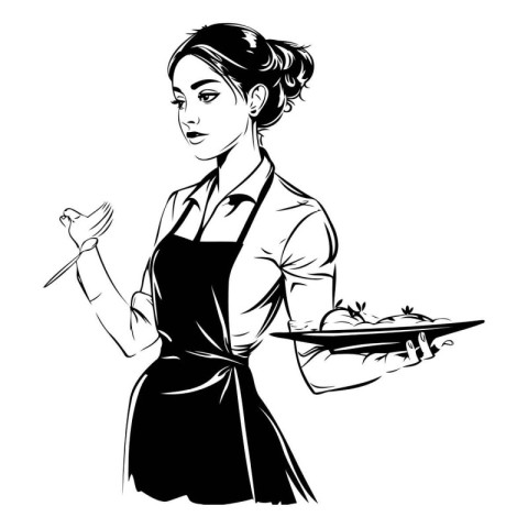 Vector illustration of a waitress holding a tray of food in her