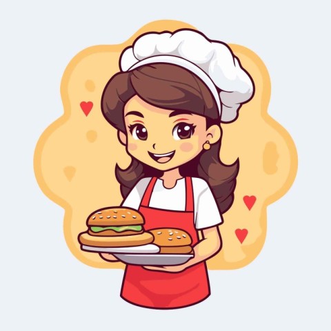 Cute cartoon chef girl holding a plate with hamburger. Vector il