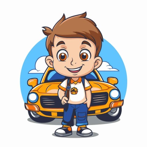 Smiling boy with car on the road cartoon character vector illust