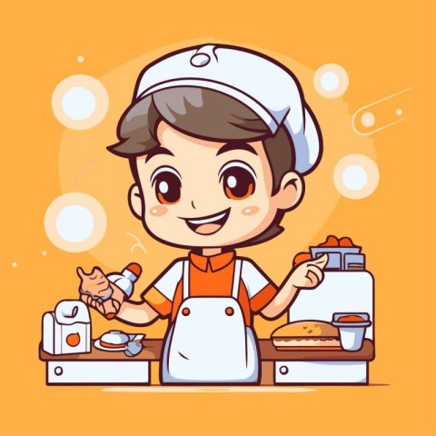 Cute cartoon chef boy in uniform and hat cooking food. Vector il