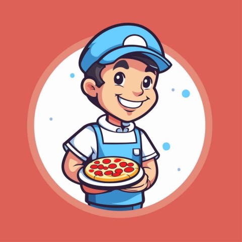 Cartoon pizza delivery boy holding a pizza in his hand. Vector i