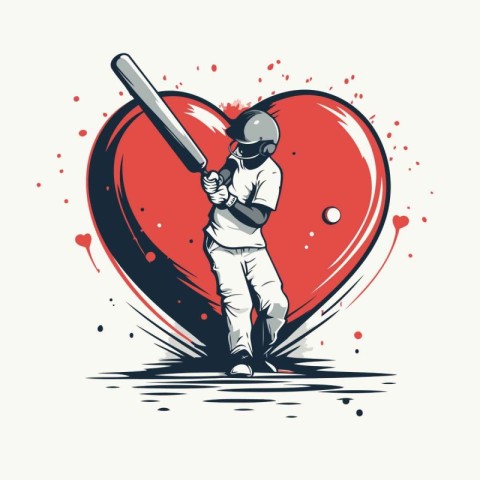 Cricket player with bat and ball in front of heart vector illust