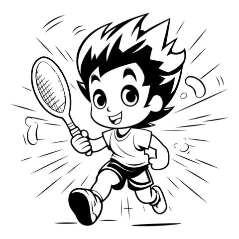 Boy playing badminton - Black and White Cartoon Illustration. Ve